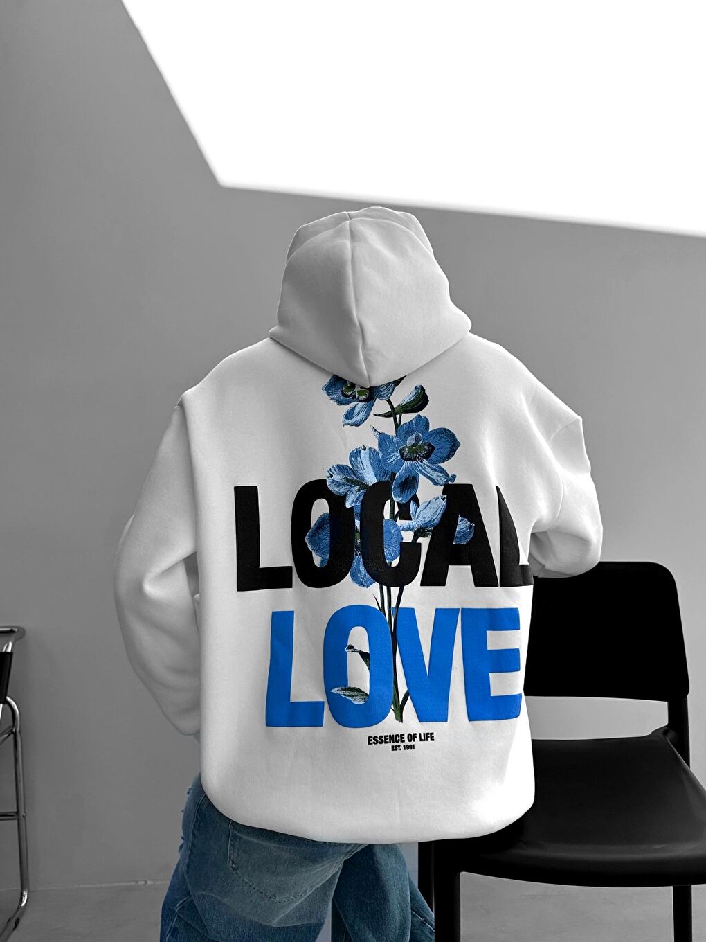 ablukaonline Beyaz Erkek Oversize Local Love Baskılı Kapüşonlu Sweatshirt Beyaz