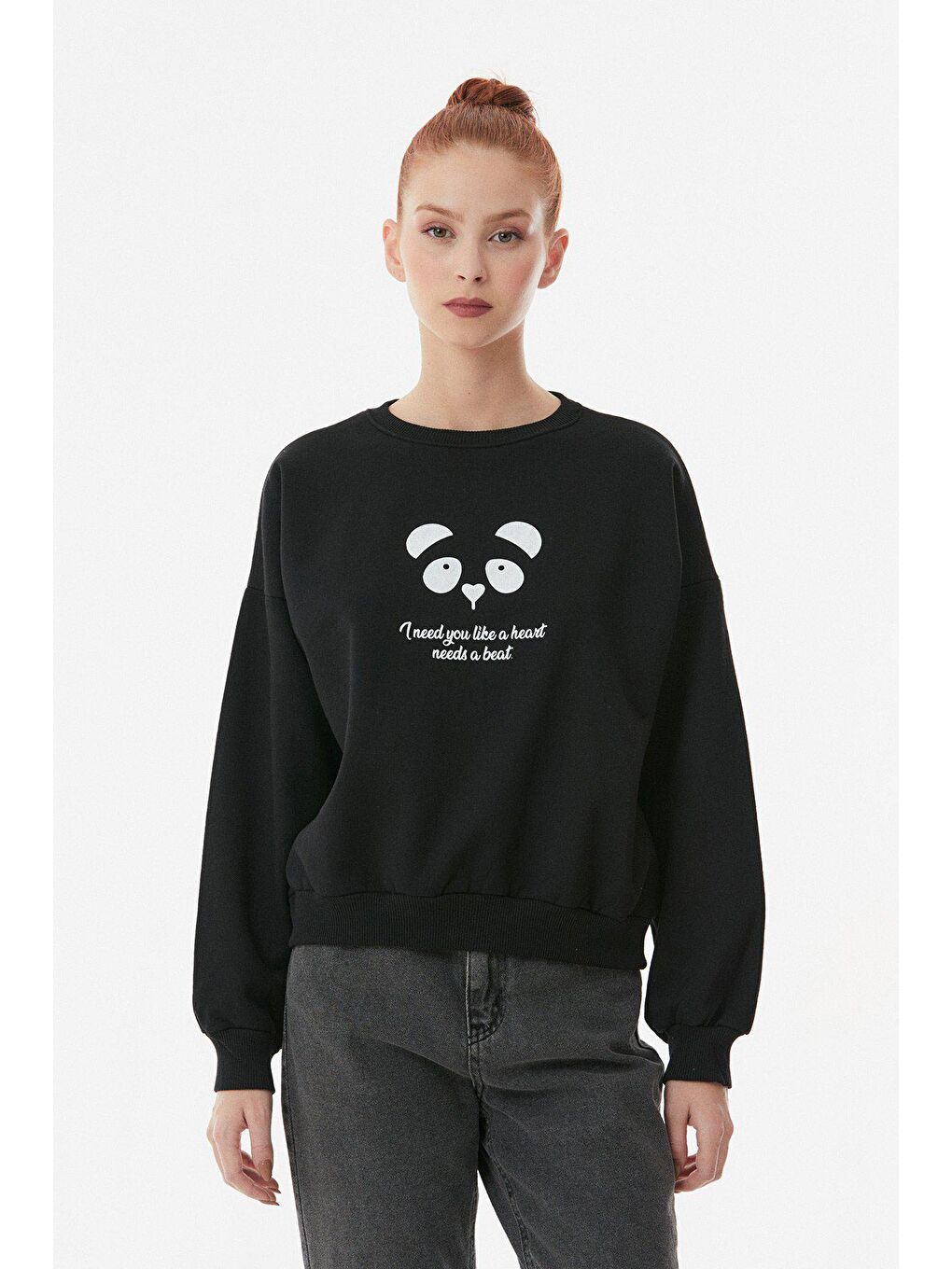 Siyah Ayıcık Baskılı Bisiklet Yaka Sweatshirt