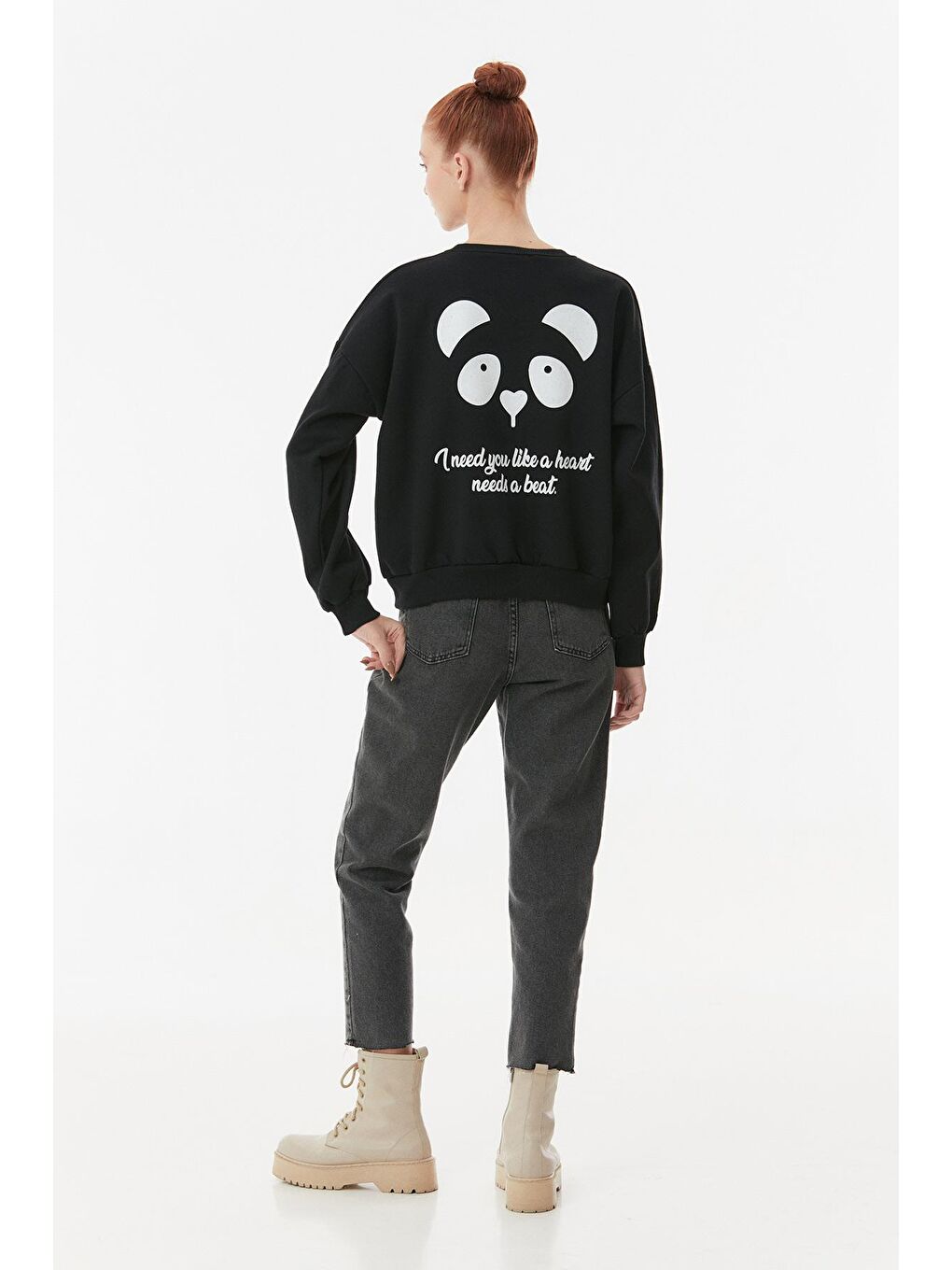 Siyah Ayıcık Baskılı Bisiklet Yaka Sweatshirt-2