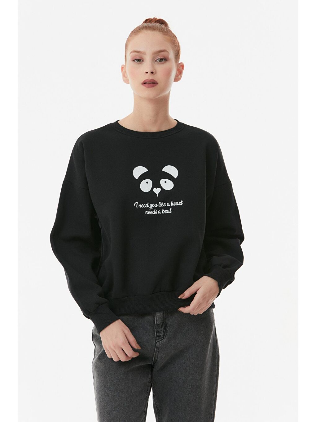 Siyah Ayıcık Baskılı Bisiklet Yaka Sweatshirt-4