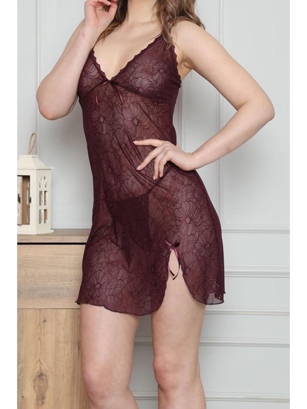 Kadın Tunik Gecelik Ip Askılı Elastanlı Transparan Mor-2