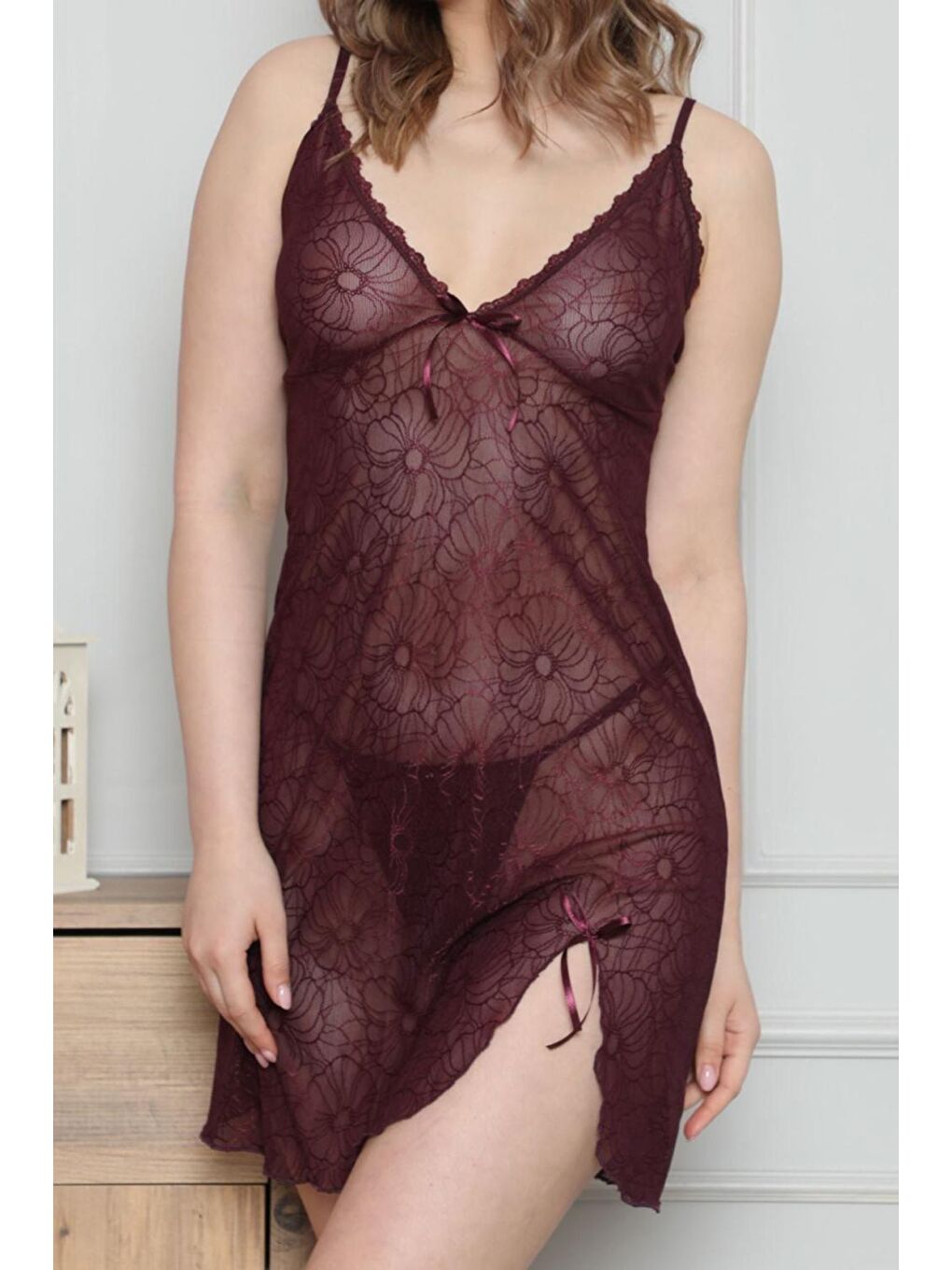 Kadın Tunik Gecelik Ip Askılı Elastanlı Transparan Mor-3