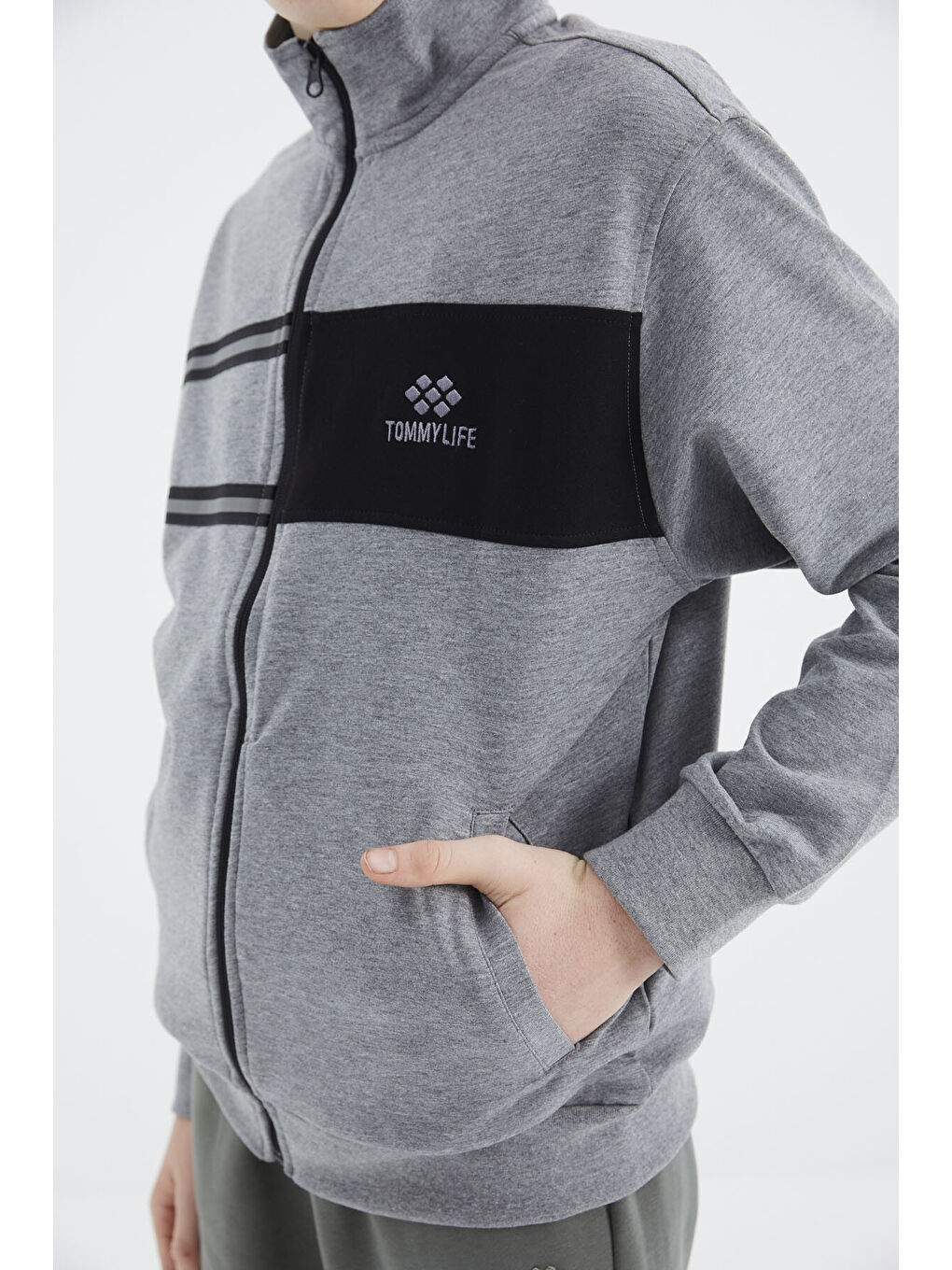 Gri Melanj Dik Yaka Erkek Çocuk Sweatshirt - 11183-1