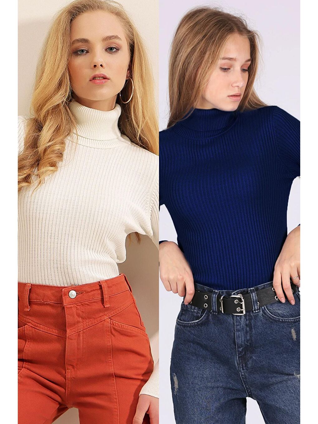 10311 Balıkçı Yaka Triko Kazak - Beyaz - İndigo