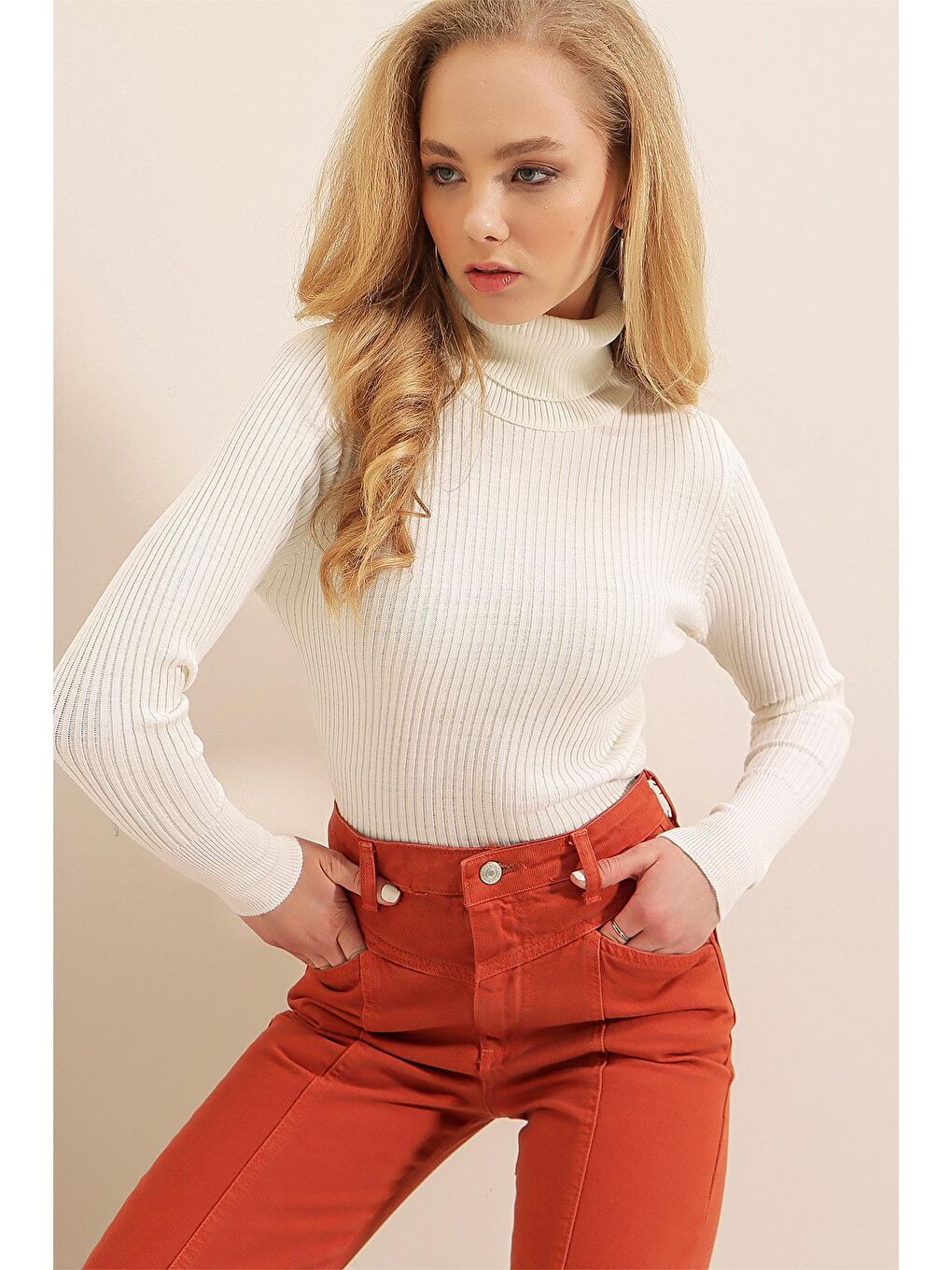 10311 Balıkçı Yaka Triko Kazak - Beyaz - İndigo-1