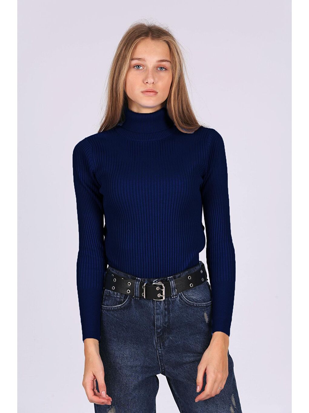 10311 Balıkçı Yaka Triko Kazak - Beyaz - İndigo-3