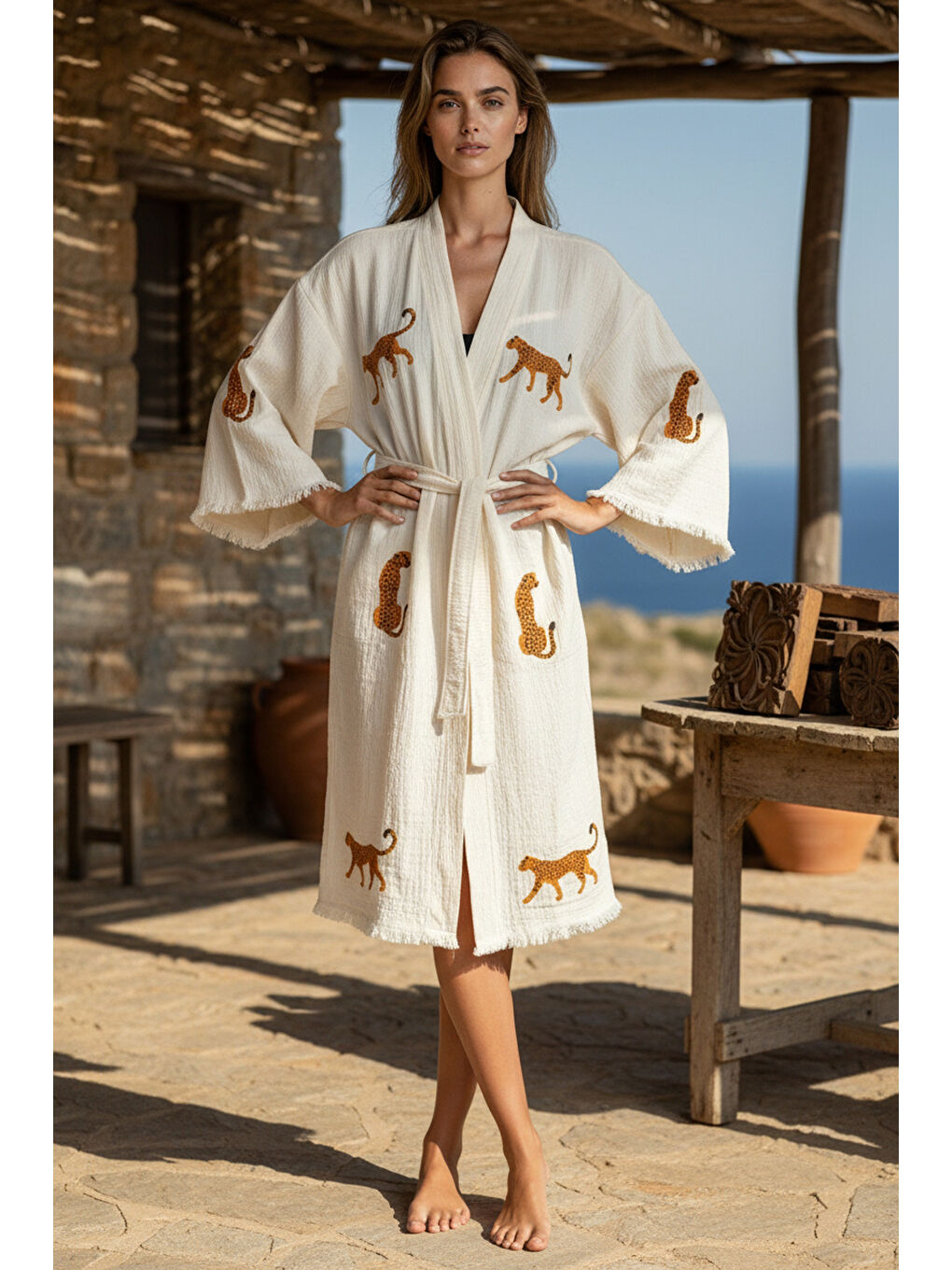 Ekru Organik %100 Pamuk Kimono Yaka Sabalık Bornoz - Leopar