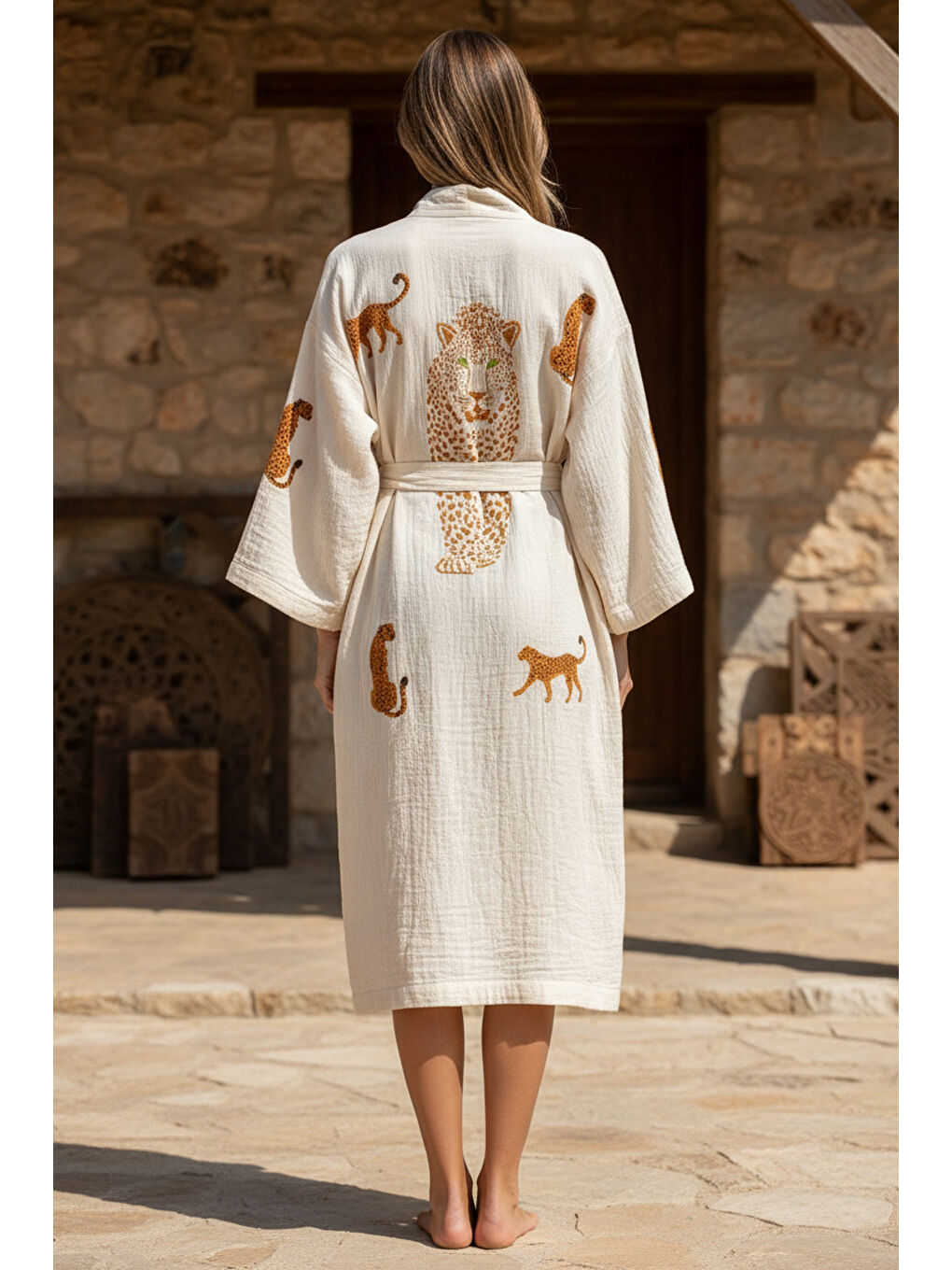 Ekru Organik %100 Pamuk Kimono Yaka Sabalık Bornoz - Leopar-1