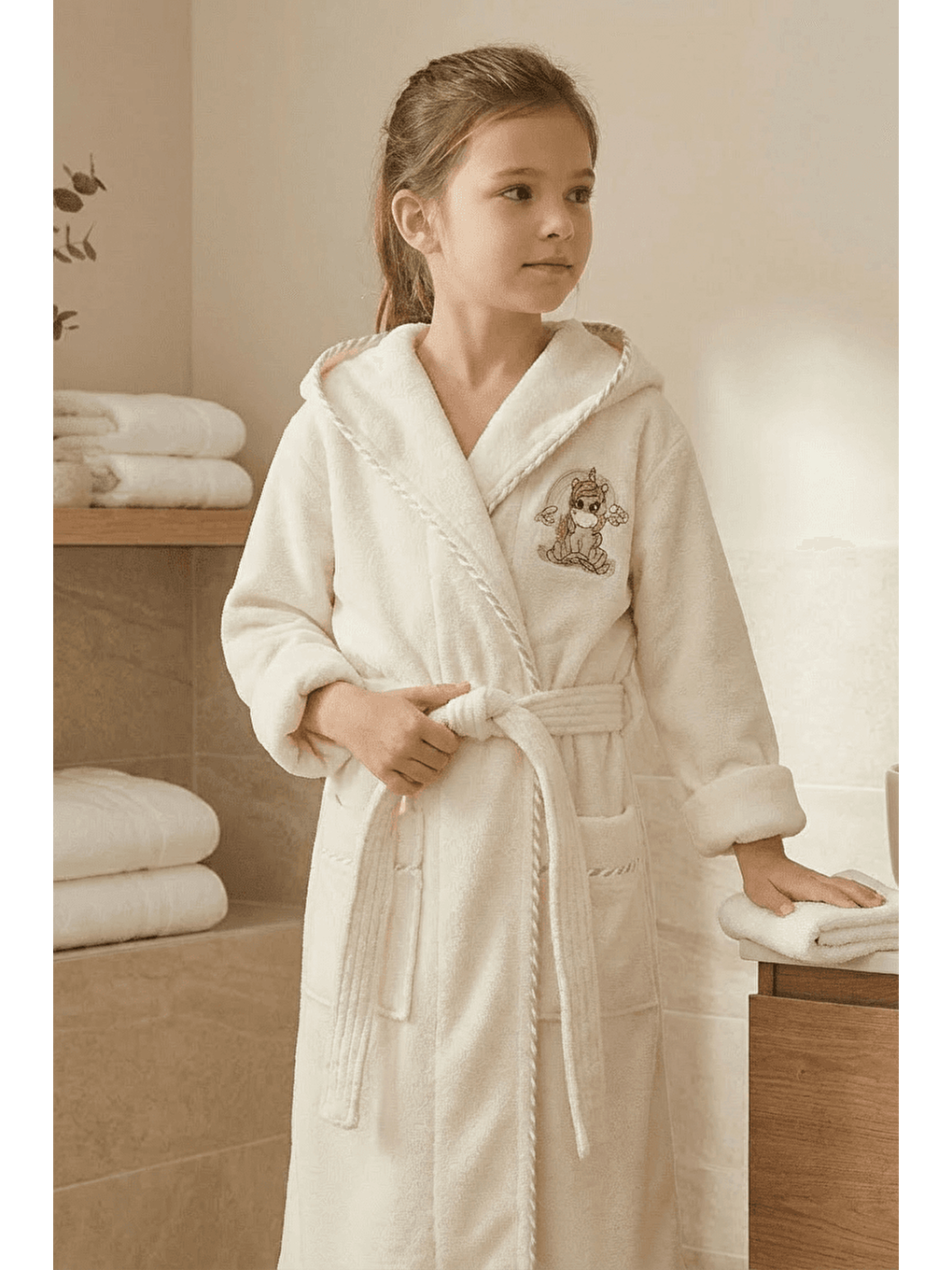 Ekru Bambu Nakışlı Çocuk Bornozu-1