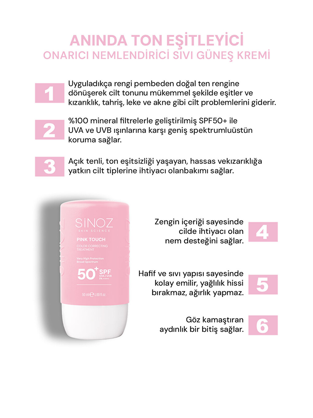 Pink Touch Anında Ton Eşitleyici Leke Karşıtı Spf50+ Pembe Sıvı Yüz Güneş Kremi Pa++++ 50ml-1