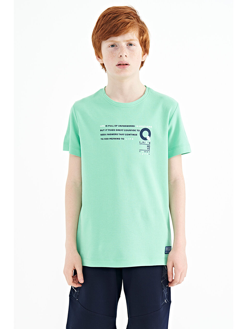 Turkuaz Su Yeşili Baskı Detaylı O Yaka Standart Kalıp Erkek Çocuk Tişört - 11145