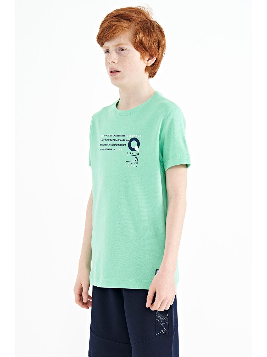 Turkuaz Su Yeşili Baskı Detaylı O Yaka Standart Kalıp Erkek Çocuk Tişört - 11145-3