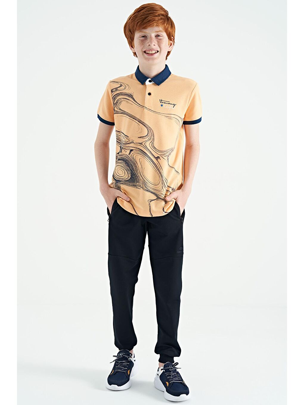 Lacivert Yan Baskılı Fermuar Cepli Standart Kalıp Jogger Erkek Çocuk Eşofman Alt - 11057-1