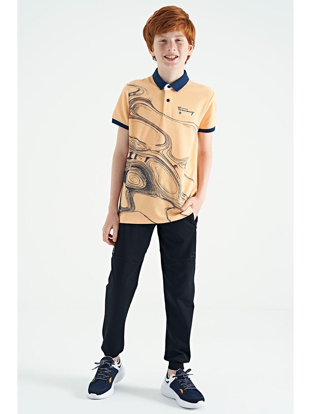 Lacivert Yan Baskılı Fermuar Cepli Standart Kalıp Jogger Erkek Çocuk Eşofman Alt - 11057-3