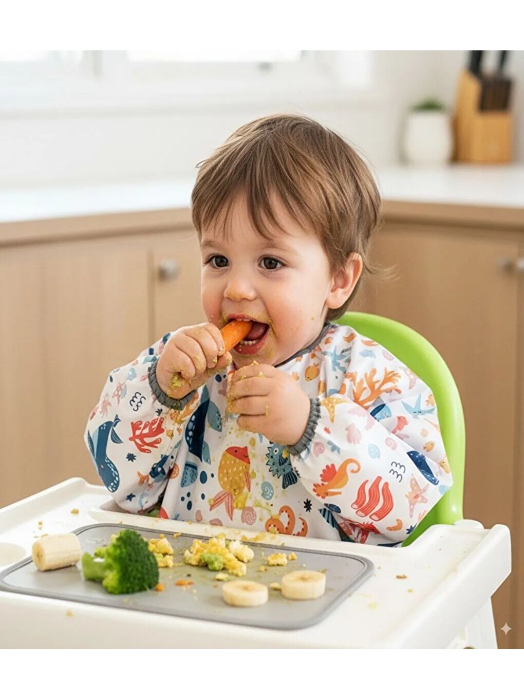 6-24ay, Sea model, Uzun Kollu, Sıvı Geçirmez, Makinede Yıkanabilir, Bebek Çocuk Mama Önlüğü, Önlük