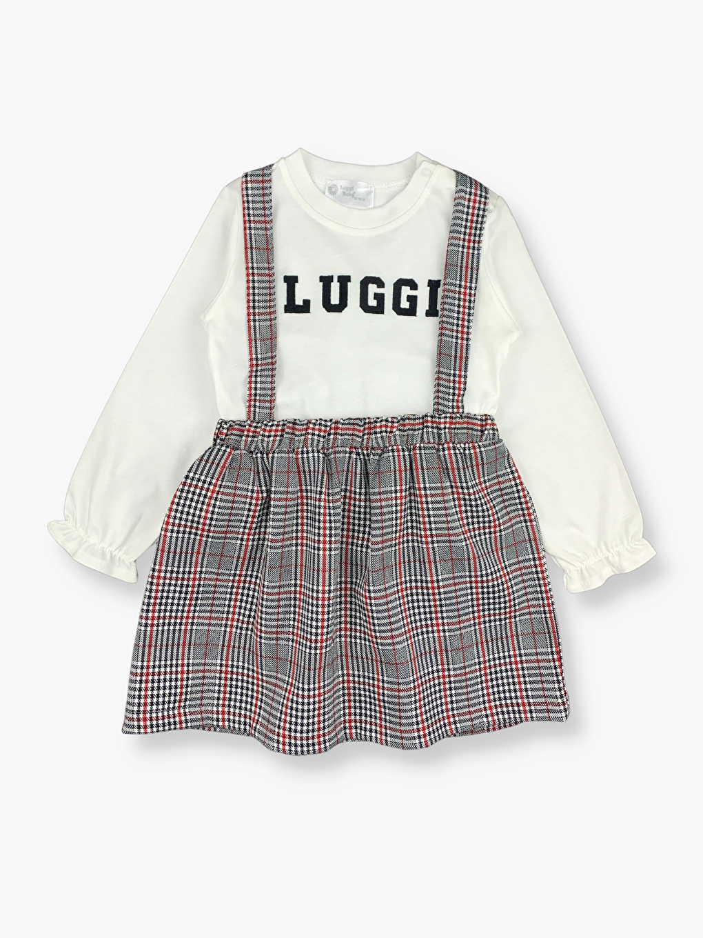 Ekru Bisiklet Yaka Uzun Kollu Kız Bebek Tişört ve Salopet Etek 2'li Takım