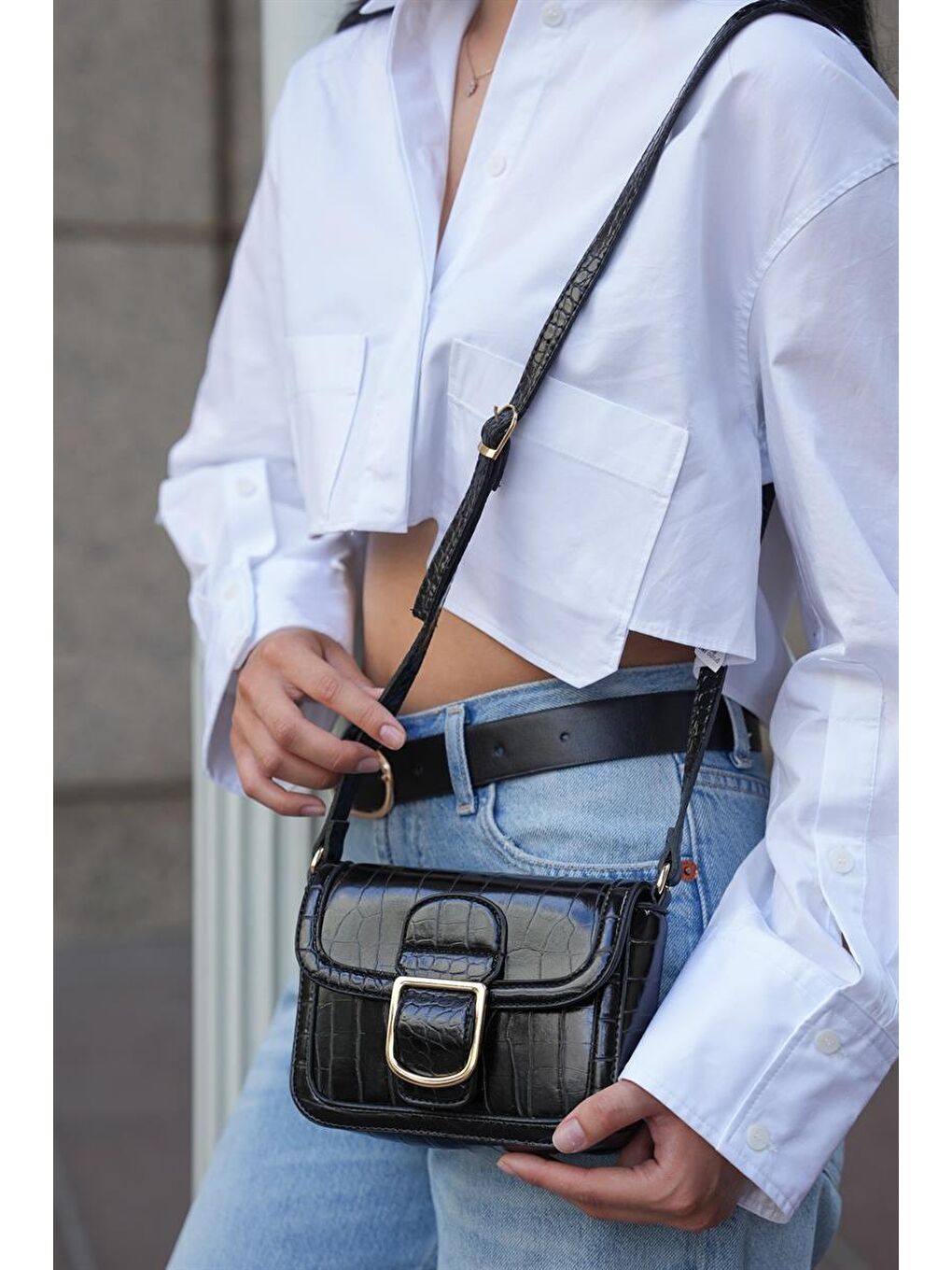 Siyah Kroko Kadın Tokalı Omuz Askılı Çanta-3