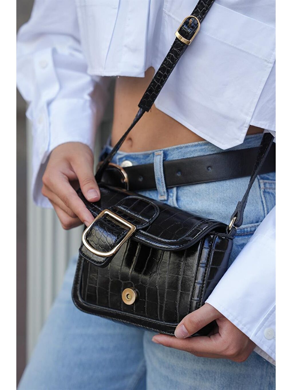 Siyah Kroko Kadın Tokalı Omuz Askılı Çanta-4