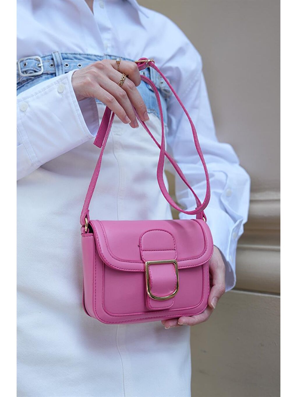 Tokalı Omuz Askılı Çanta Fuşya-3