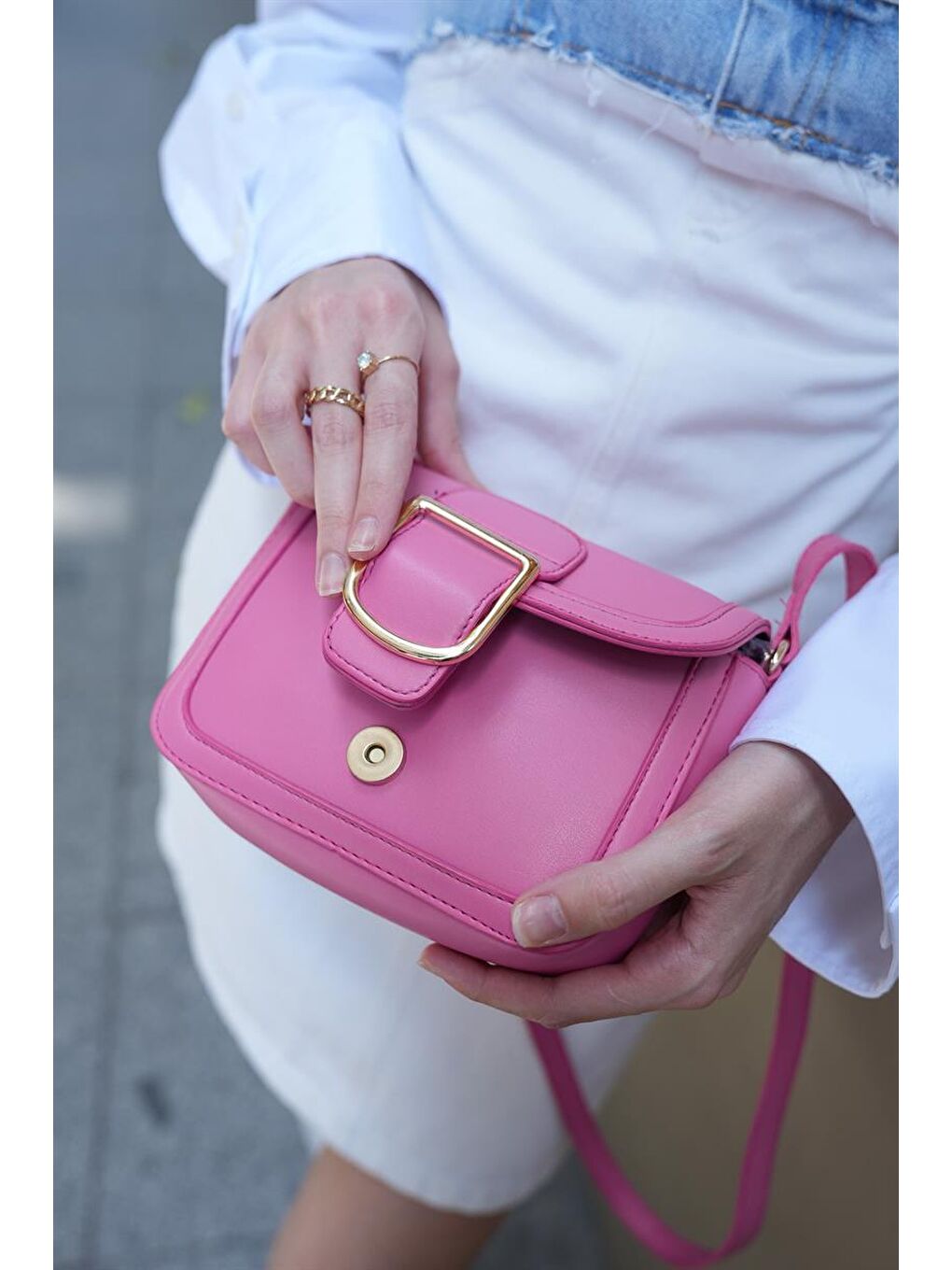 Tokalı Omuz Askılı Çanta Fuşya-4