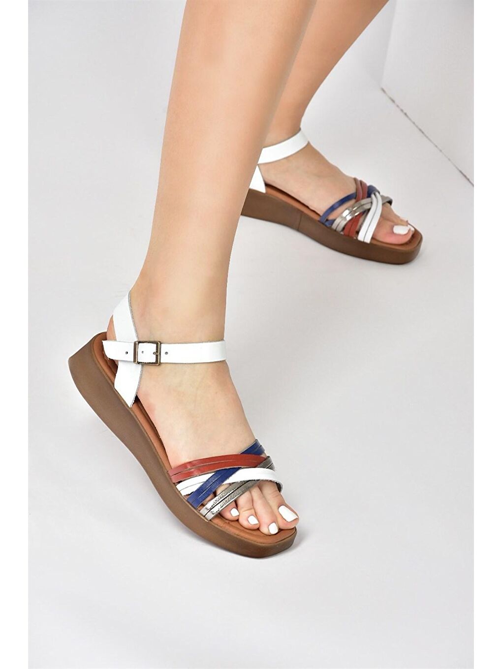 Lacivert/Beyaz/Kırmızı Hakiki Deri Günlük Kadın Sandalet M291030503-1