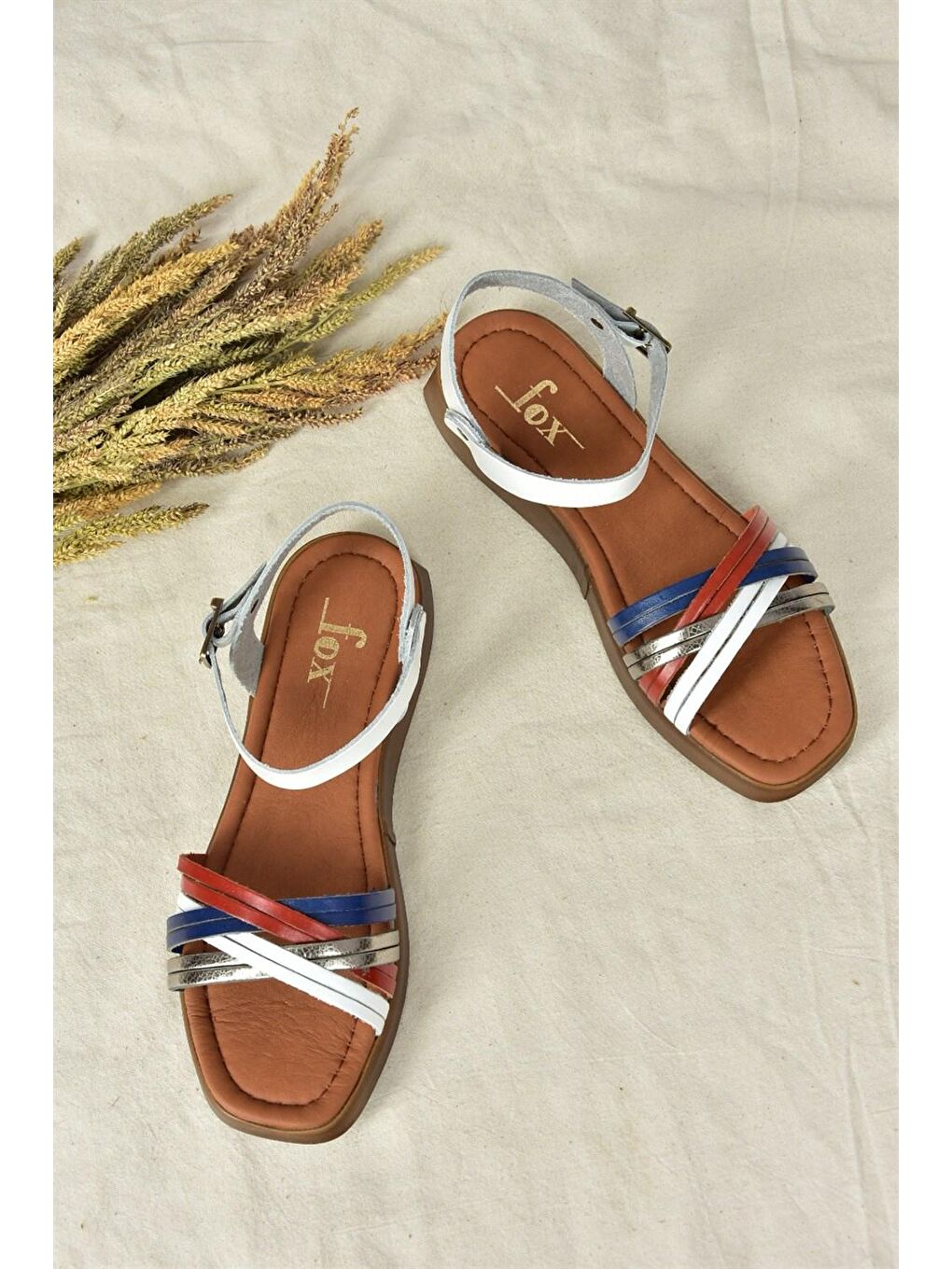 Lacivert/Beyaz/Kırmızı Hakiki Deri Günlük Kadın Sandalet M291030503-2