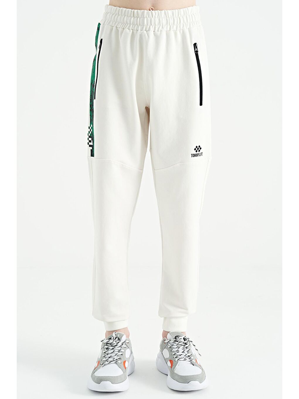 Ekru Yan Baskılı Fermuar Cepli Standart Kalıp Jogger Erkek Çocuk Eşofman Alt - 11057