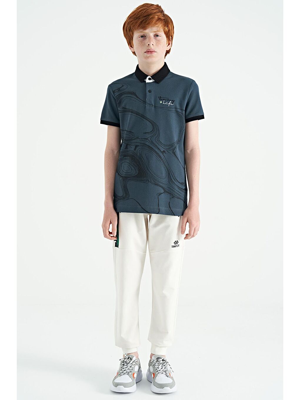 Ekru Yan Baskılı Fermuar Cepli Standart Kalıp Jogger Erkek Çocuk Eşofman Alt - 11057-1