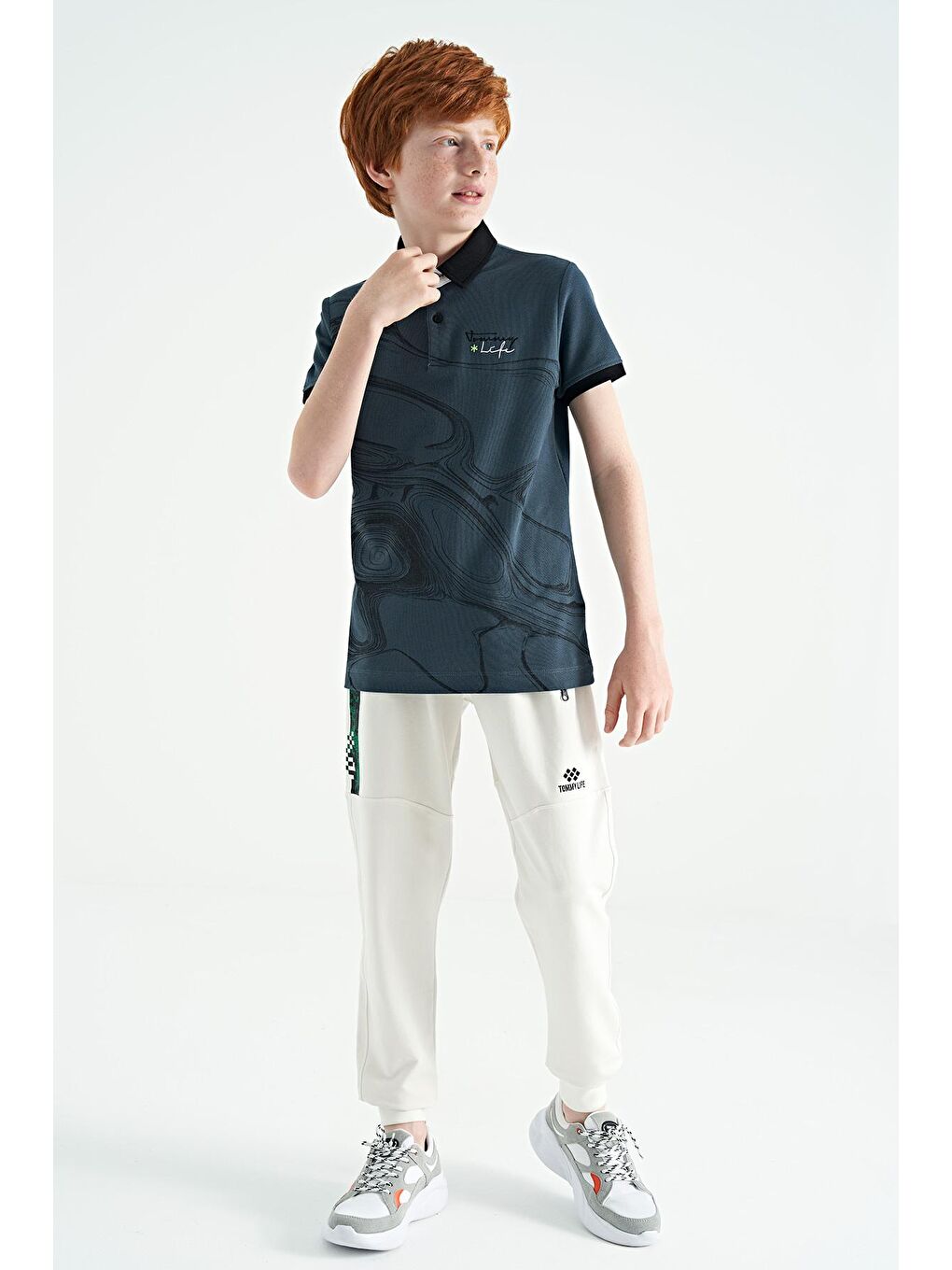 Ekru Yan Baskılı Fermuar Cepli Standart Kalıp Jogger Erkek Çocuk Eşofman Alt - 11057-3