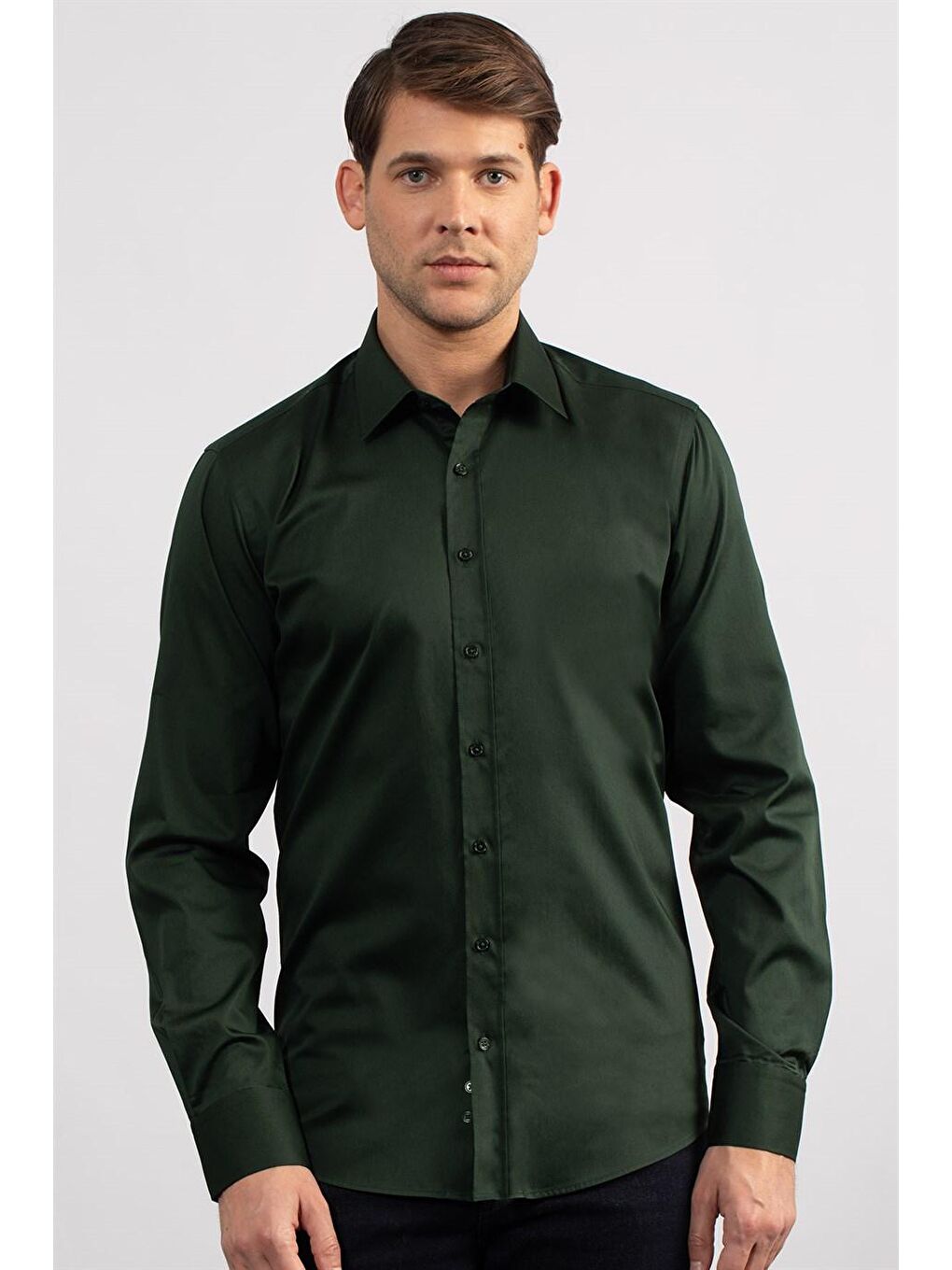 Yeşil Modern Slim Fit Pamuk Saten Premium Seri Erkek Gömlek