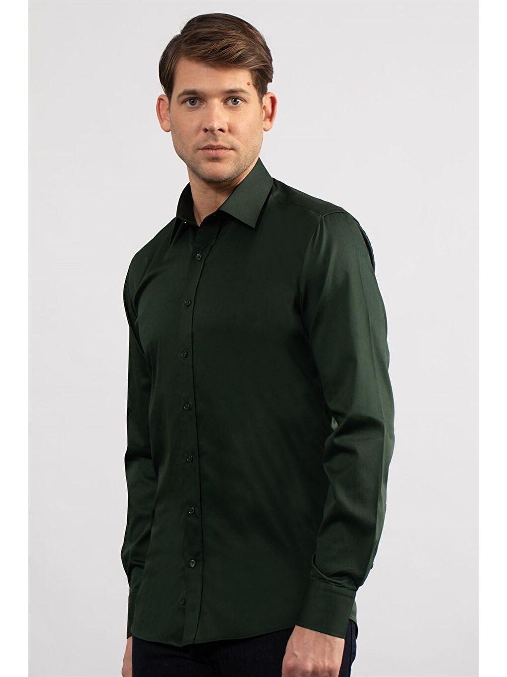 Yeşil Modern Slim Fit Pamuk Saten Premium Seri Erkek Gömlek-1