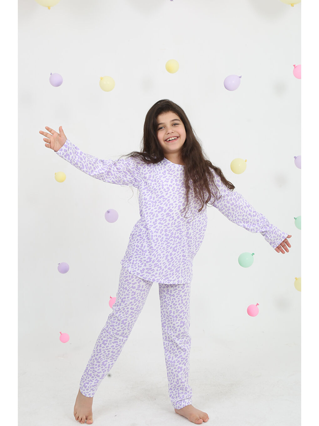 Lila Bisiklet Yaka Baskılı Uzun Kollu Kız Çocuk Pijama Takımı