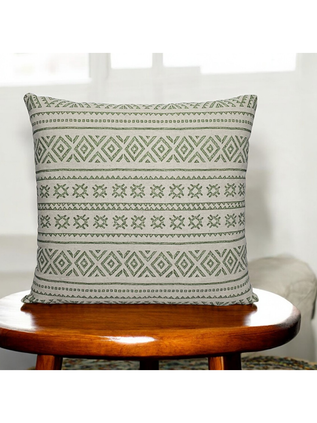 Haki Bohem Tarzı Keten Pamuklu Desenli Dijital Baskılı 45x45 Kırlent Kılıfı-1
