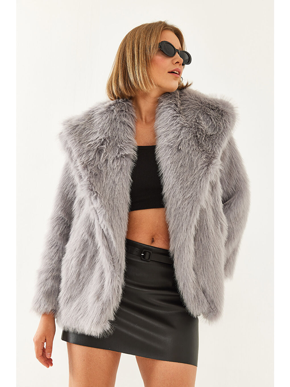 Gri Kadın Yakalı Astarlı Premium Kürk MBMS-2