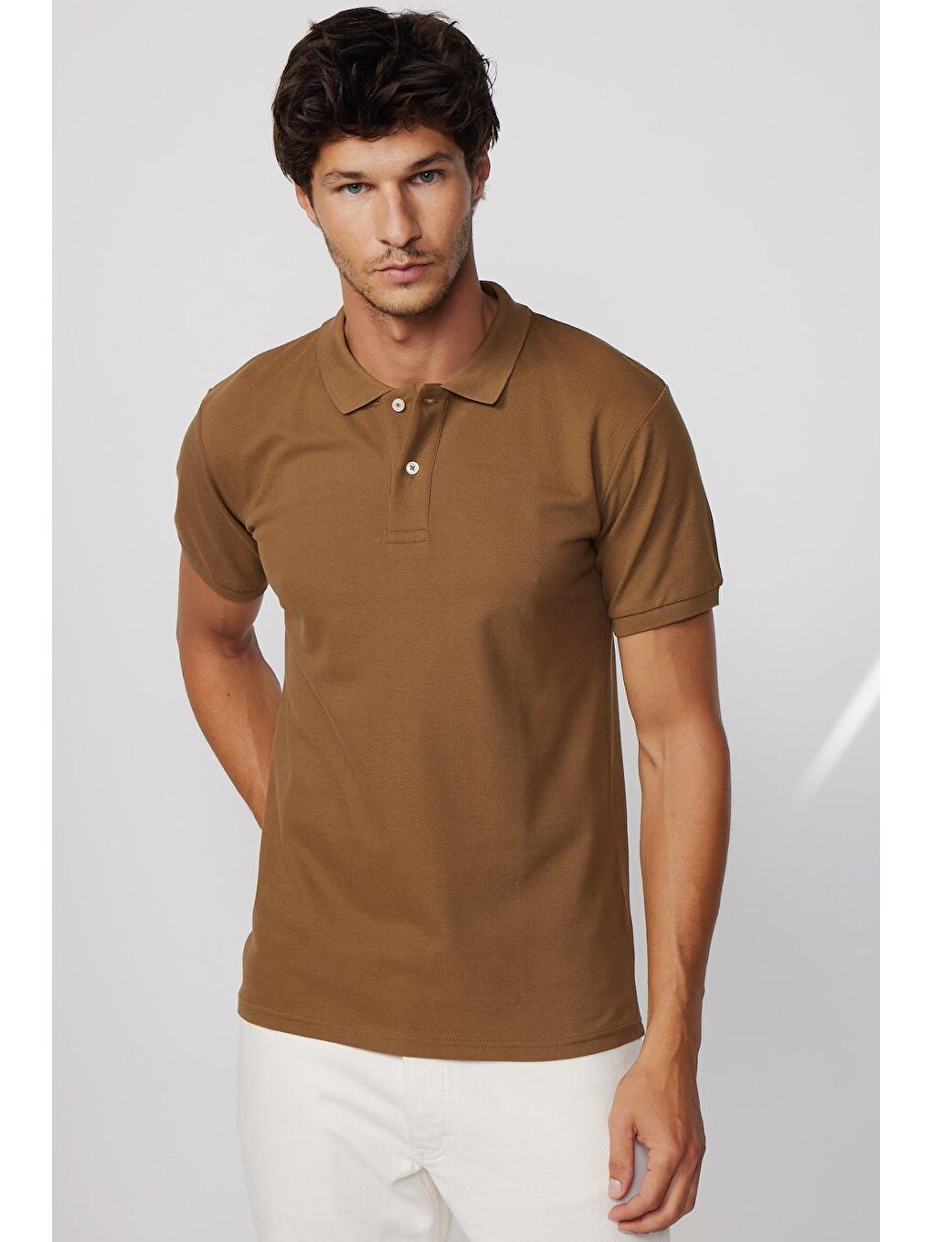 Erkek Slim Fit Dar Kesim %100 Pamuk Düz Pike Kahverengi Polo Yaka Tişört-1