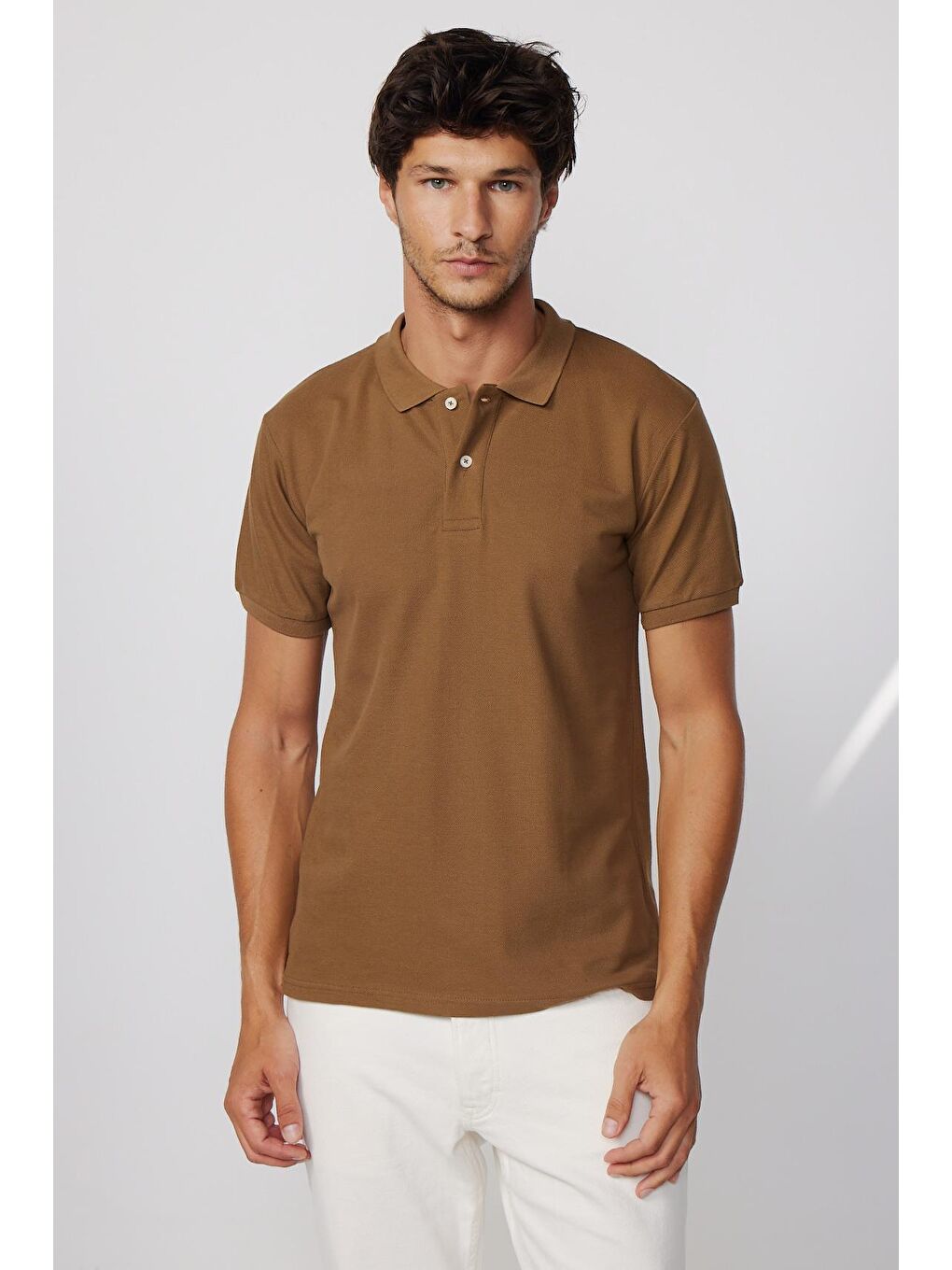 Erkek Slim Fit Dar Kesim %100 Pamuk Düz Pike Kahverengi Polo Yaka Tişört-2