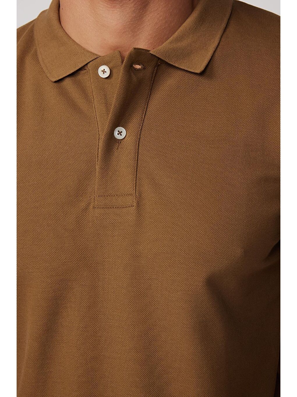 Erkek Slim Fit Dar Kesim %100 Pamuk Düz Pike Kahverengi Polo Yaka Tişört-3