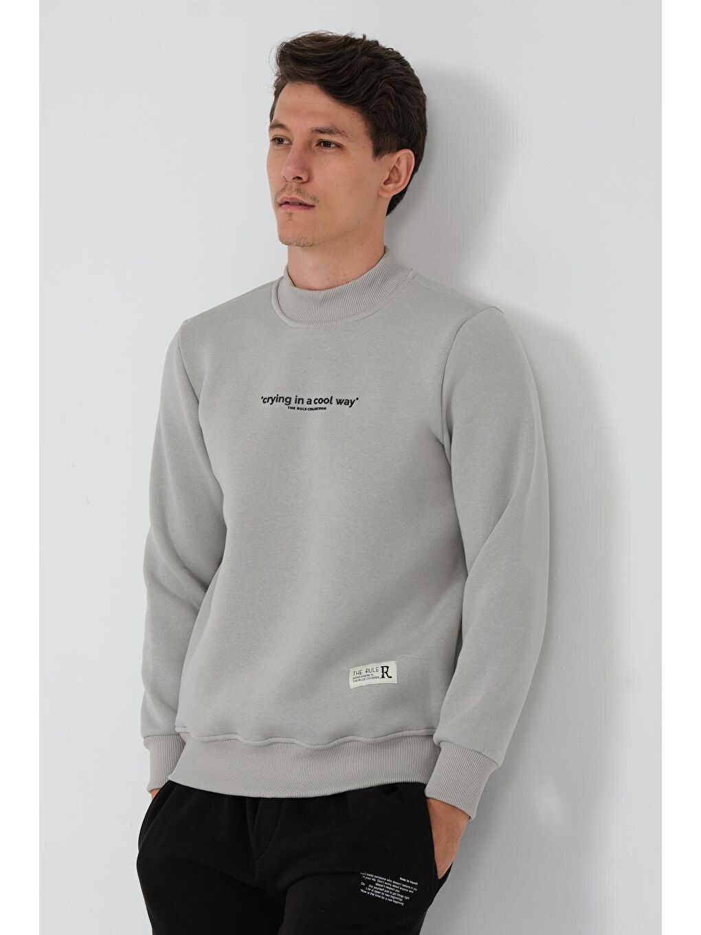 THE RULE Gri Regular Fit Yarım Balıkçı Yaka Baskılı İçi Yumuşak Tüylü Erkek Sweatshirt RF0302