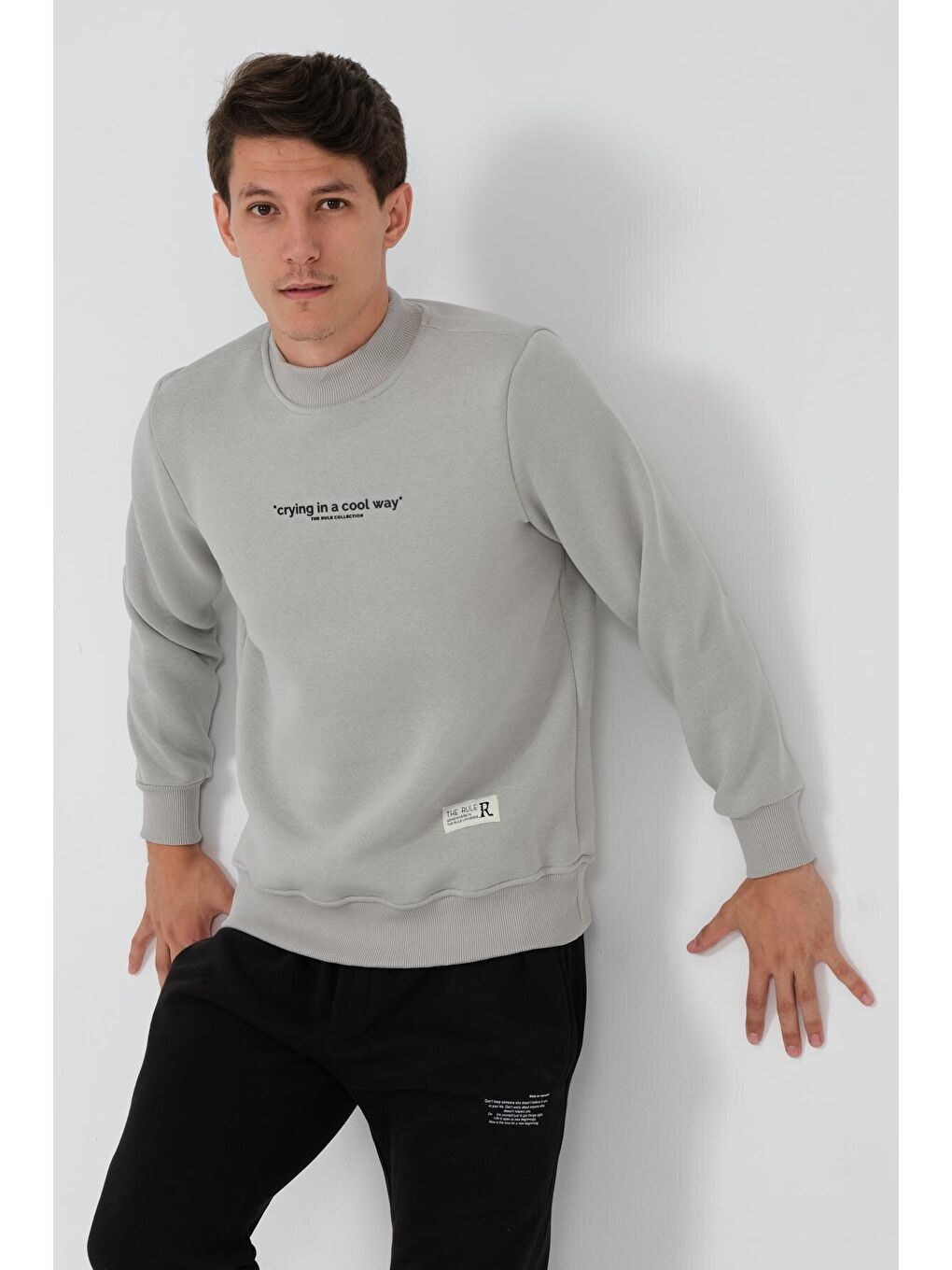 THE RULE Gri Regular Fit Yarım Balıkçı Yaka Baskılı İçi Yumuşak Tüylü Erkek Sweatshirt RF0302 - 1