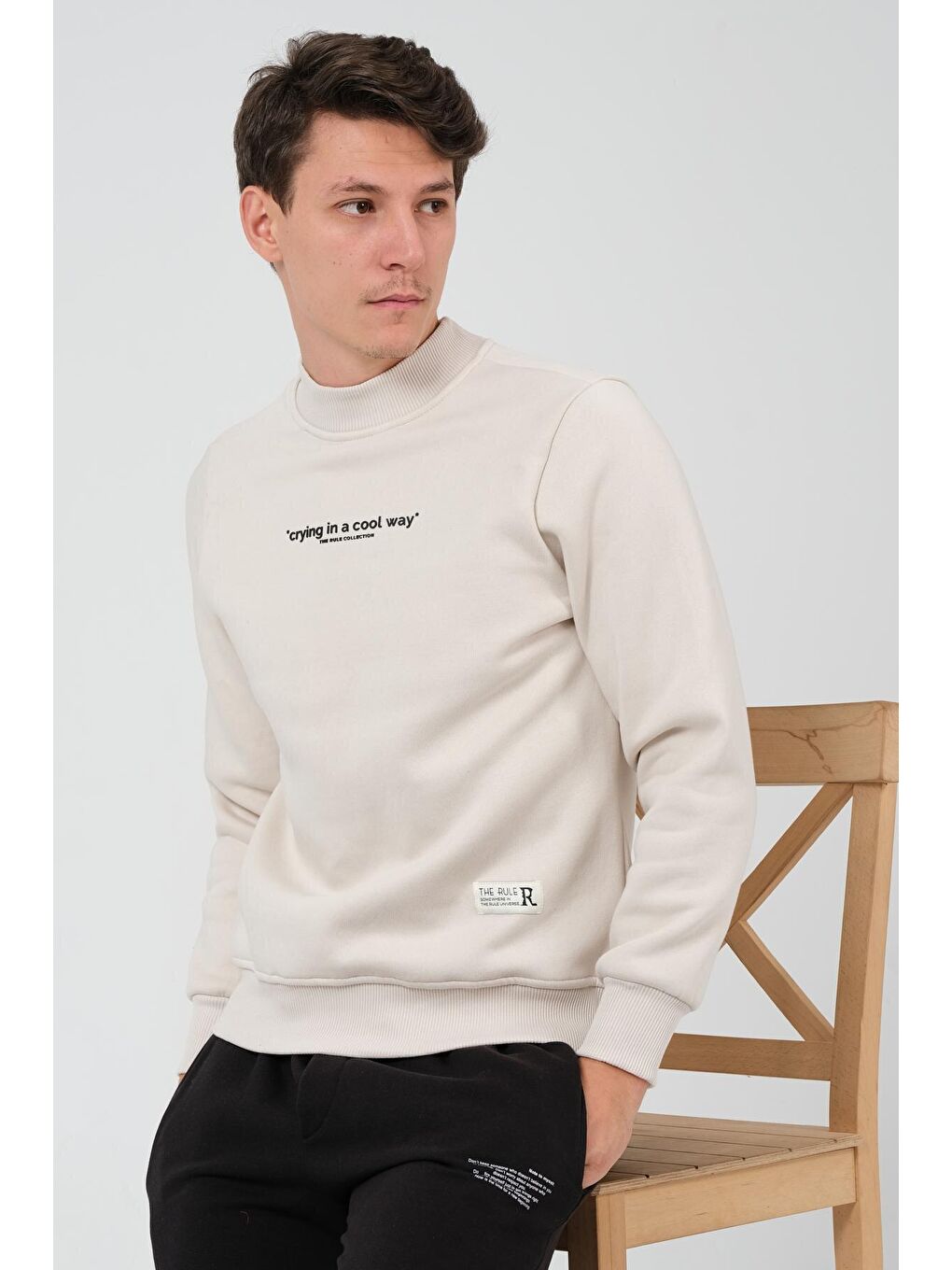 Bej Regular Fit Yarım Balıkçı Yaka Baskılı İçi Yumuşak Tüylü Erkek Sweatshirt RF0302
