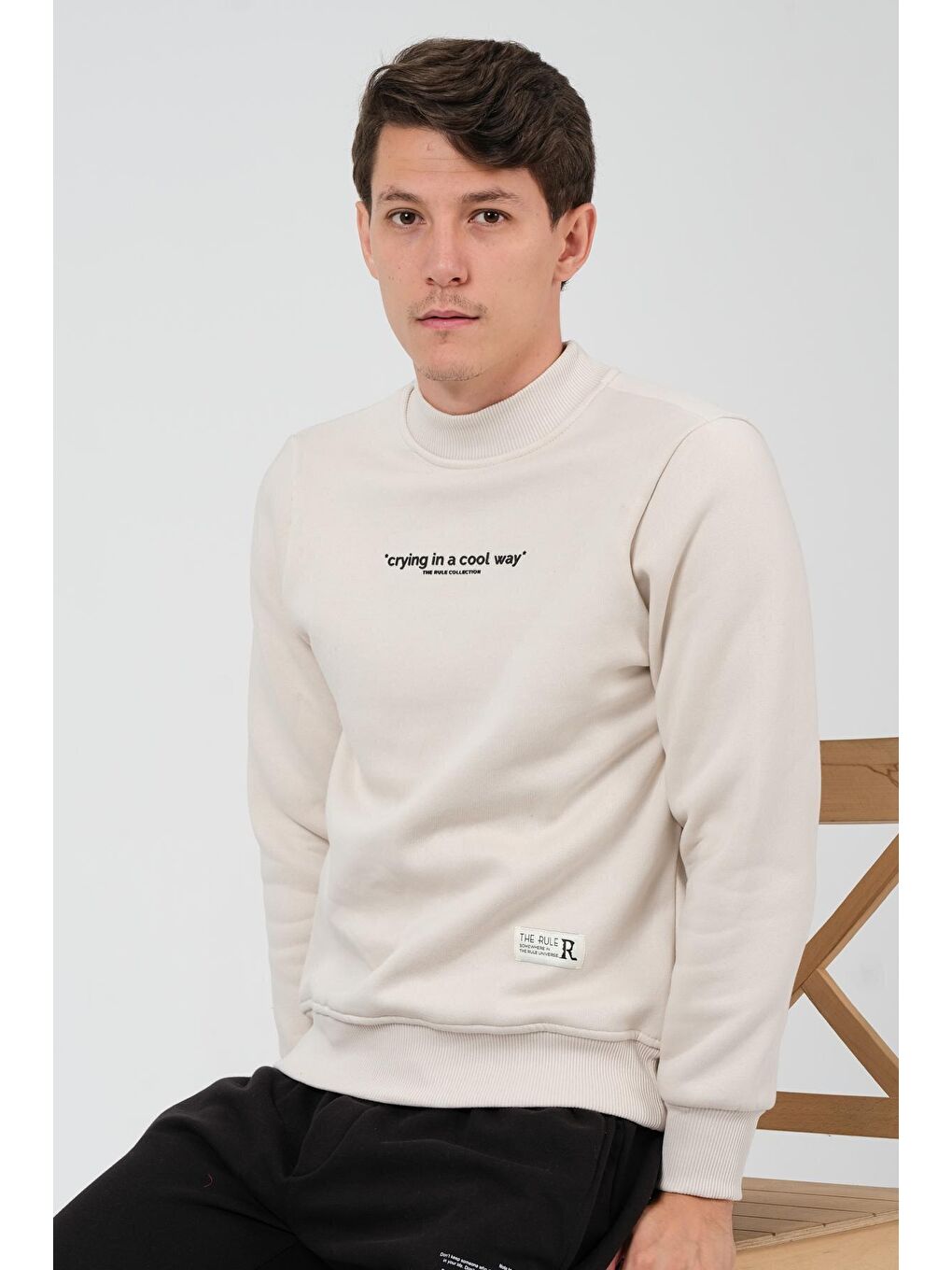 Bej Regular Fit Yarım Balıkçı Yaka Baskılı İçi Yumuşak Tüylü Erkek Sweatshirt RF0302-2