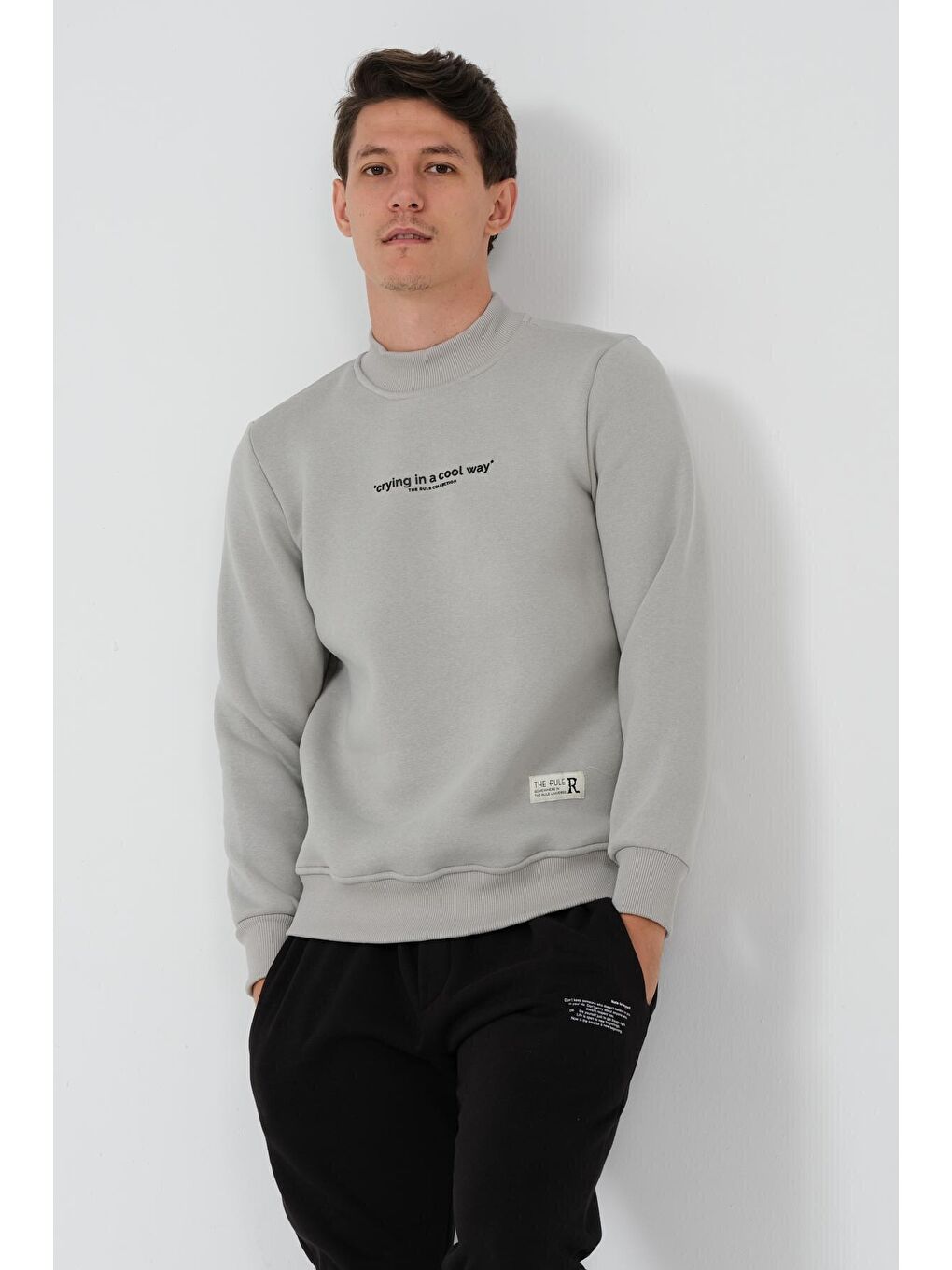 THE RULE Gri Regular Fit Yarım Balıkçı Yaka Baskılı İçi Yumuşak Tüylü Erkek Sweatshirt RF0302 - 3