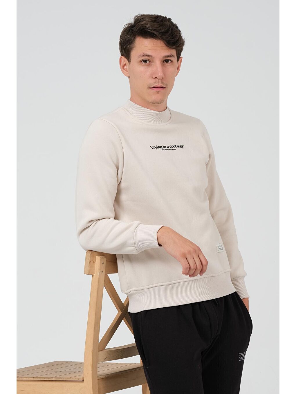 Bej Regular Fit Yarım Balıkçı Yaka Baskılı İçi Yumuşak Tüylü Erkek Sweatshirt RF0302-3