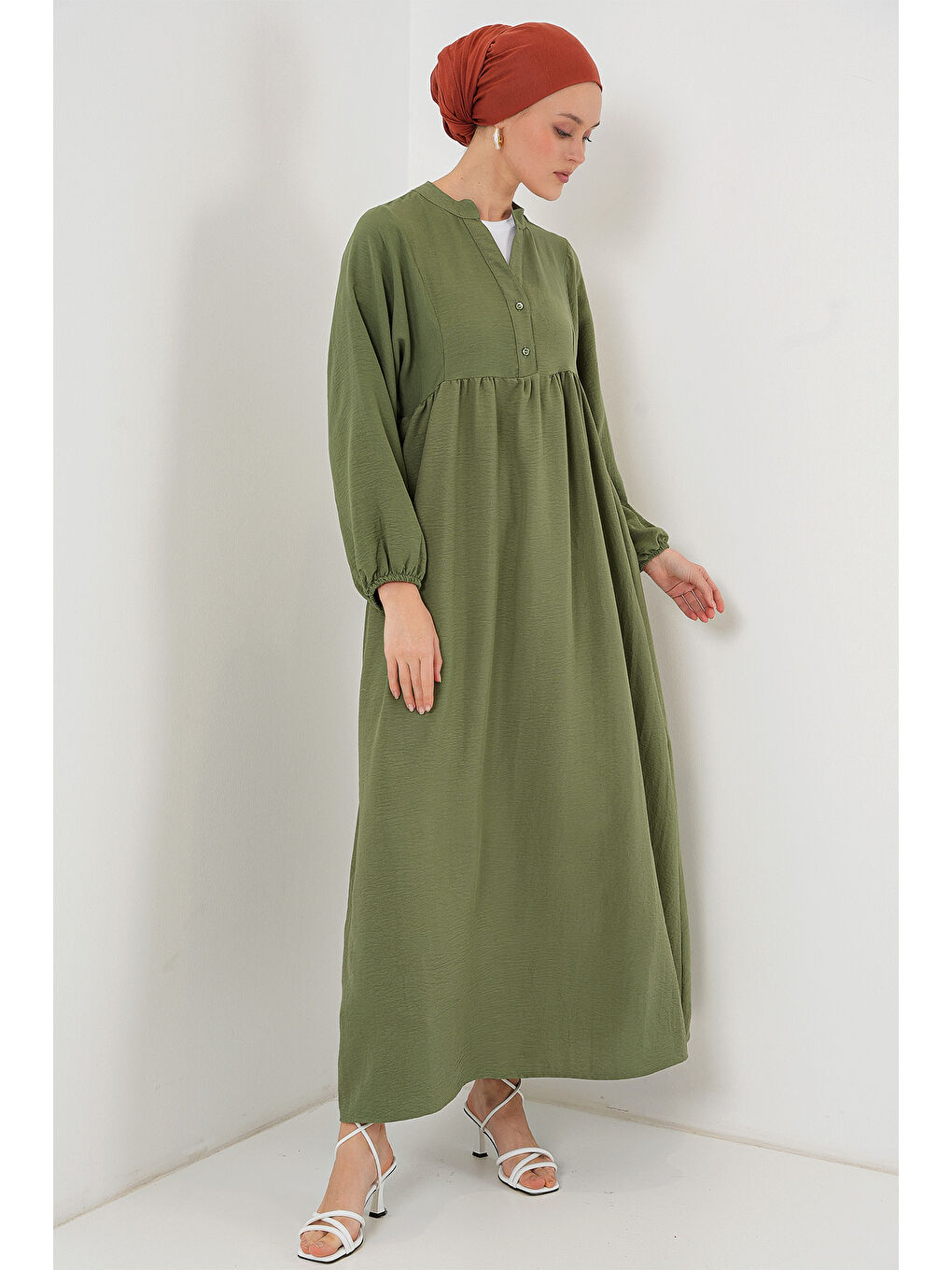 Kadın Uzun Tesettür Elbise 2525 - Haki-1