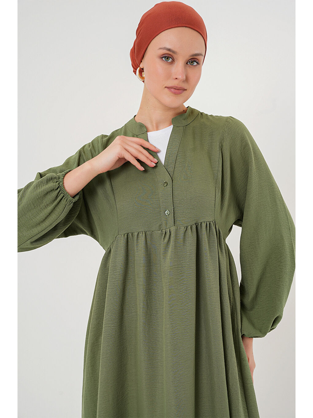 Kadın Uzun Tesettür Elbise 2525 - Haki-2