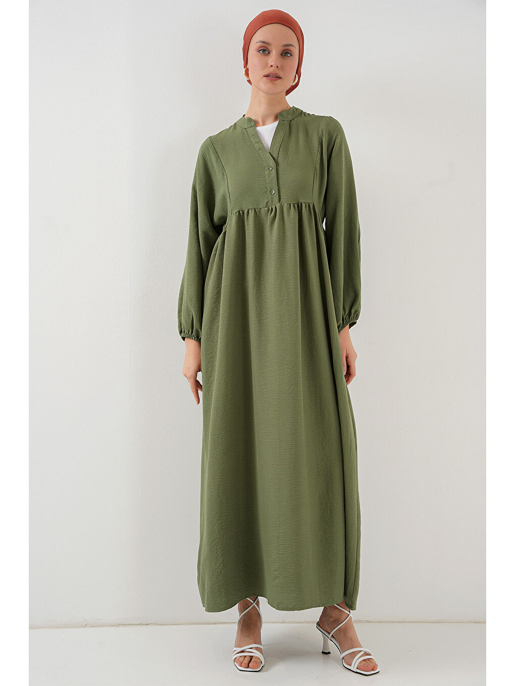 Kadın Uzun Tesettür Elbise 2525 - Haki-3