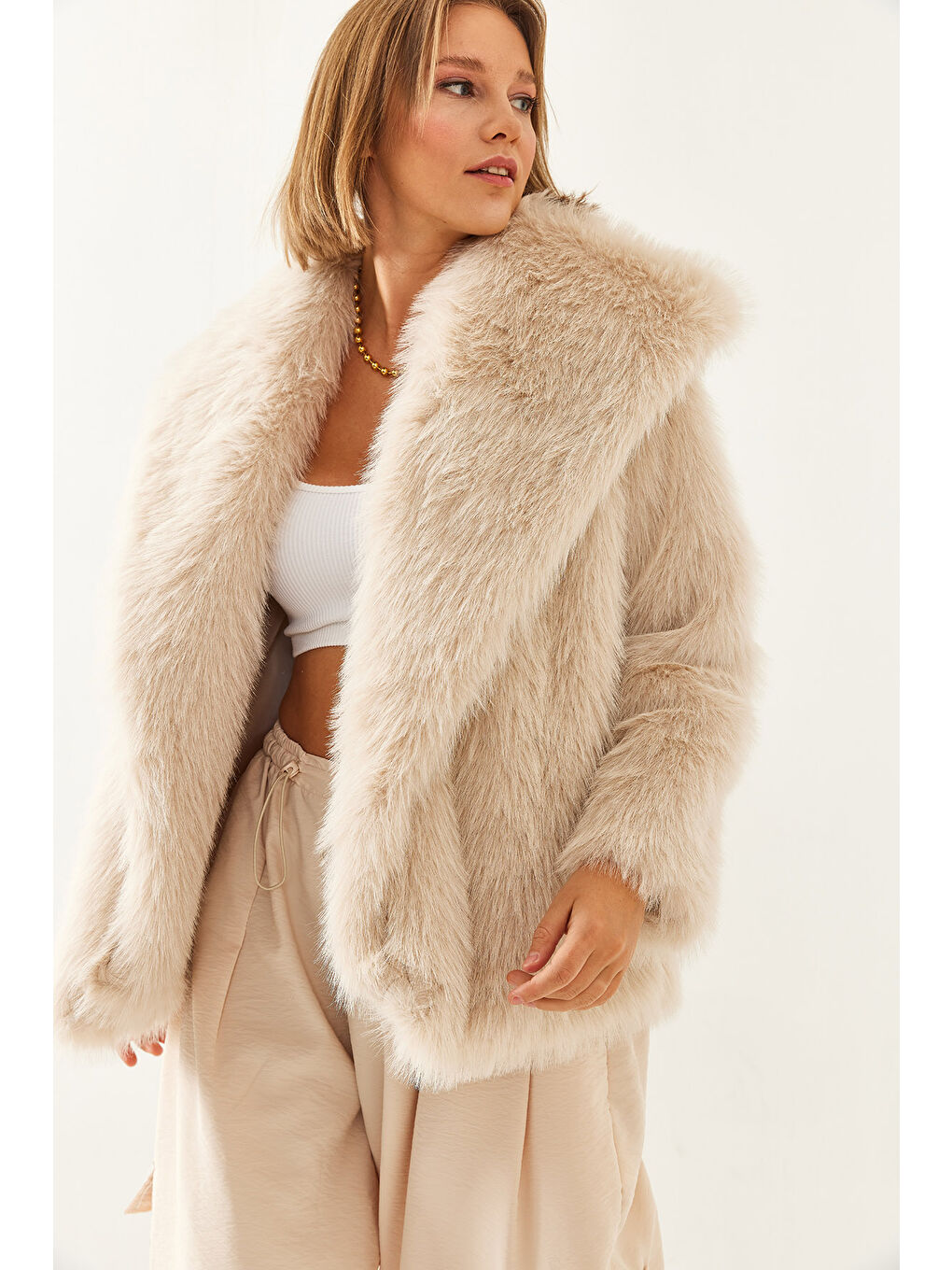 Bej Kadın Yakalı Astarlı Premium Kürk MBMS-5