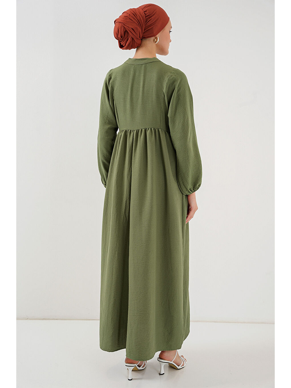 Kadın Uzun Tesettür Elbise 2525 - Haki-5