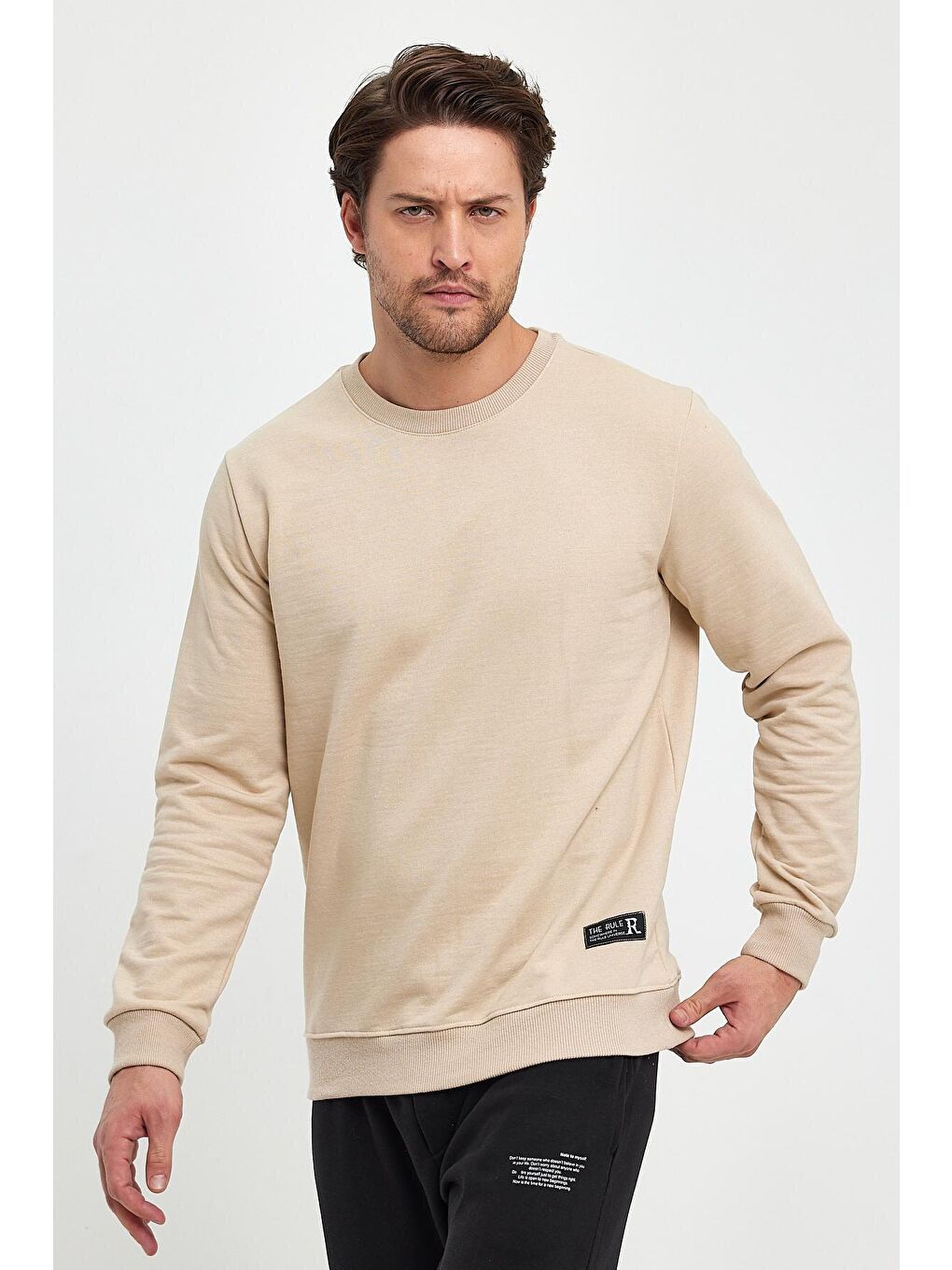 THE RULE Bej Regular Fit Bisiklet Yaka Pamuklu Basic Erkek Sweatshirt RF0451 - 1