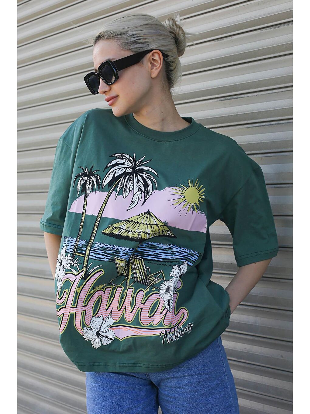 Yeşil Baskılı Bisiklet Yaka Kadın Tişört Mg1765-4